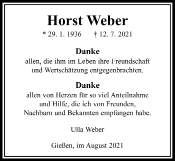 Traueranzeige von Horst Weber von Giessener Allgemeine, Alsfelder Allgemeine