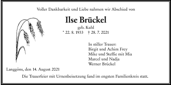 Traueranzeige von Ilse Brückel von Giessener Allgemeine, Alsfelder Allgemeine