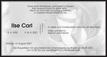 Traueranzeige von Ilse Carl von Wetterauer Zeitung