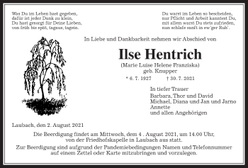 Traueranzeige von Ilse Hentrich von Giessener Allgemeine, Alsfelder Allgemeine
