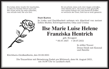 Traueranzeige von Ilse Marie Luise Helene Franziska Hentrich von Giessener Allgemeine, Alsfelder Allgemeine