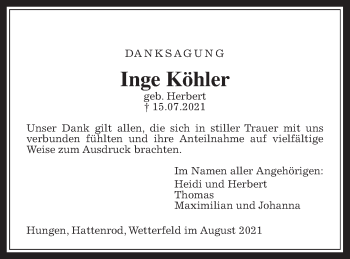 Traueranzeige von Inge Köhler von Giessener Allgemeine, Alsfelder Allgemeine