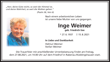 Traueranzeige von Inge Weimer von Giessener Allgemeine, Alsfelder Allgemeine