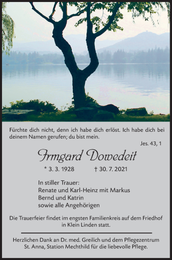 Traueranzeige von Irmgard Dowedeit von Giessener Allgemeine, Alsfelder Allgemeine