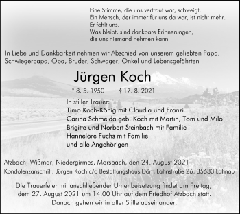 Traueranzeige von Jürgen Koch von Giessener Allgemeine, Alsfelder Allgemeine