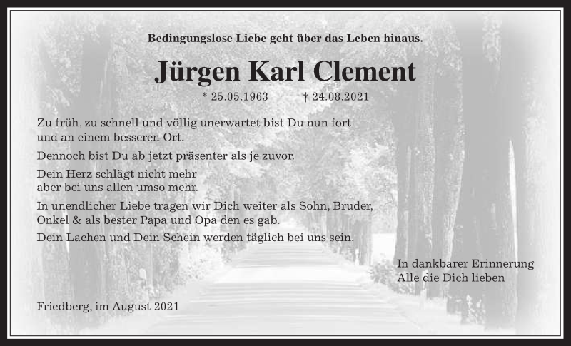  Traueranzeige für Jürgen Karl Clement vom 27.08.2021 aus Wetterauer Zeitung