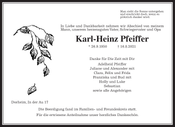 Traueranzeige von Karl-Heinz Pfeiffer von Wetterauer Zeitung