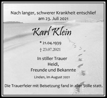 Traueranzeige von Karl Klein von Giessener Allgemeine, Alsfelder Allgemeine