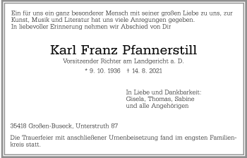 Traueranzeige von Karl Franz Pfannerstill von Giessener Allgemeine, Alsfelder Allgemeine