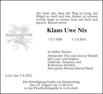 Traueranzeige von Klaus Uwe Nix von Giessener Allgemeine, Alsfelder Allgemeine