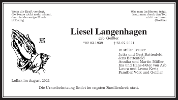 Traueranzeige von Liesel Langenhagen von Giessener Allgemeine, Alsfelder Allgemeine