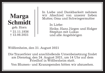 Traueranzeige von Marga Schmidt von Wetterauer Zeitung