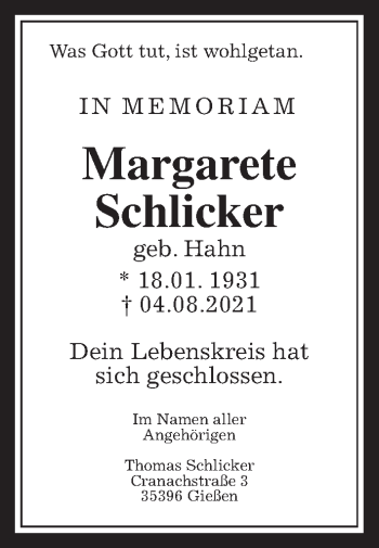 Traueranzeige von Margarete Schlicker von Giessener Allgemeine, Alsfelder Allgemeine