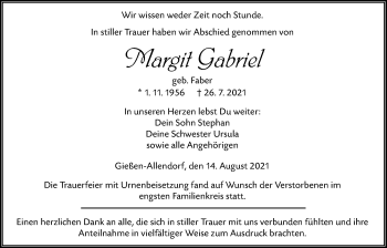 Traueranzeige von Margit Gabriel von Giessener Allgemeine, Alsfelder Allgemeine