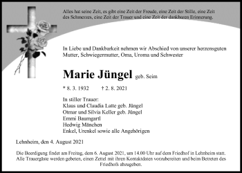 Traueranzeige von Marie Jüngel von Giessener Allgemeine, Alsfelder Allgemeine