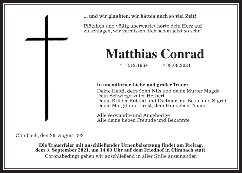  Traueranzeige für Matthias Conrad vom 28.08.2021 aus Giessener Allgemeine, Alsfelder Allgemeine