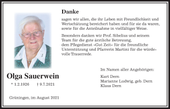 Traueranzeige von Olga Sauerwein von Pohlheimer Nachrichten