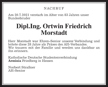 Traueranzeige von Ortwin Friedrich Morstadt von Wetterauer Zeitung