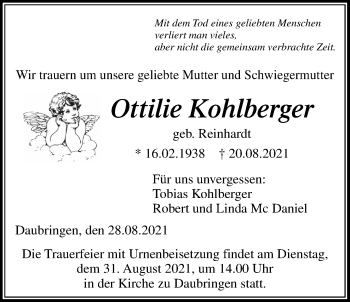 Traueranzeige von Ottilie Kohlberger von Giessener Allgemeine, Alsfelder Allgemeine