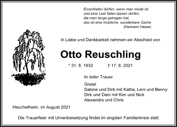Traueranzeige von Otto Reuschling von Giessener Allgemeine, Alsfelder Allgemeine