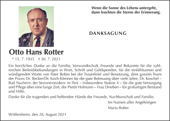 Traueranzeige von Otto Hans Rotter von Wetterauer Zeitung