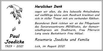 Traueranzeige von Paul Joedicke von Licher Wochenblatt