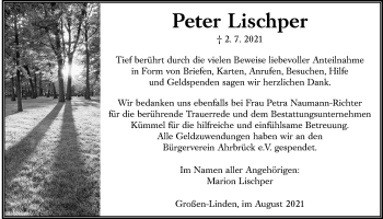 Traueranzeige von Peter Lischper von Giessener Allgemeine, Alsfelder Allgemeine