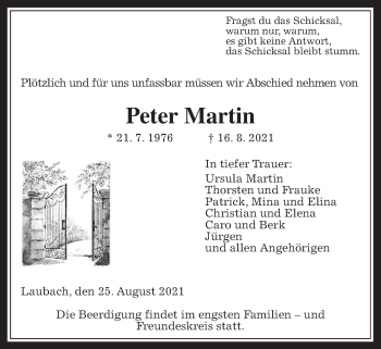 Traueranzeige von Peter Martin von Laubacher Anzeiger