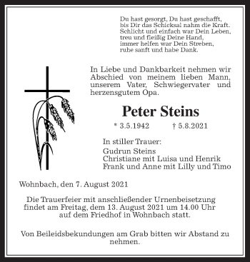 Traueranzeige von Peter Steins von Wetterauer Zeitung