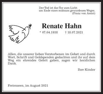 Traueranzeige von Renate Hahn von Laubacher Anzeiger