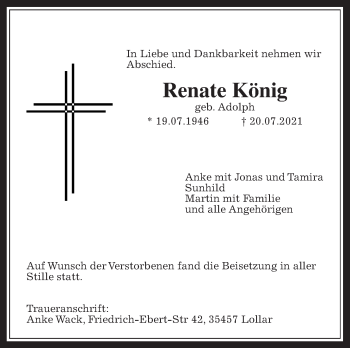 Traueranzeige von Renate König von Giessener Allgemeine, Alsfelder Allgemeine