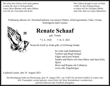 Traueranzeige von Renate Schaaf von Giessener Allgemeine, Alsfelder Allgemeine