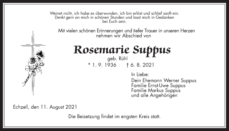  Traueranzeige für Rosemarie Suppus vom 11.08.2021 aus Wetterauer Zeitung