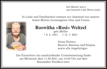 Traueranzeige von Roswitha Weitzel von Wetterauer Zeitung