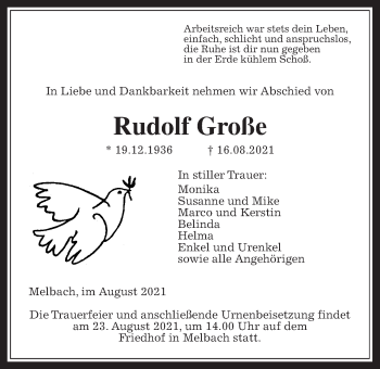 Traueranzeige von Rudolf Große von Wetterauer Zeitung