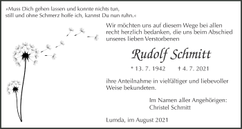 Traueranzeige von Rudolf Schmitt von Giessener Allgemeine, Alsfelder Allgemeine