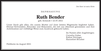 Traueranzeige von Ruth Bender von Giessener Allgemeine, Alsfelder Allgemeine