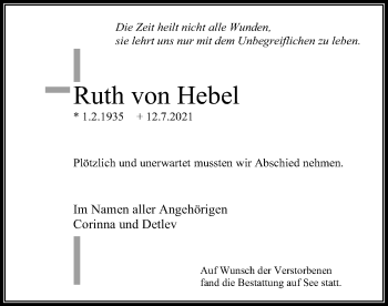 Traueranzeige von Ruth von Hebel von Bad Vilbel/Karben