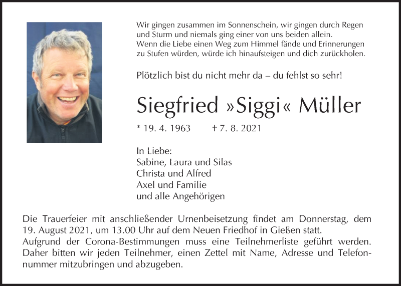  Traueranzeige für Siegfried Müller vom 14.08.2021 aus Giessener Allgemeine, Alsfelder Allgemeine