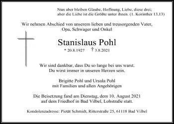 Traueranzeige von Stanislaus Pohl von Bad Vilbel/Karben