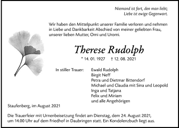 Traueranzeige von Therese Rudolph von Giessener Allgemeine, Alsfelder Allgemeine