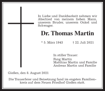 Traueranzeige von Thomas Martin von Giessener Allgemeine, Alsfelder Allgemeine