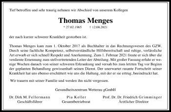 Traueranzeige von Thomas Menges von Giessener Allgemeine, Alsfelder Allgemeine