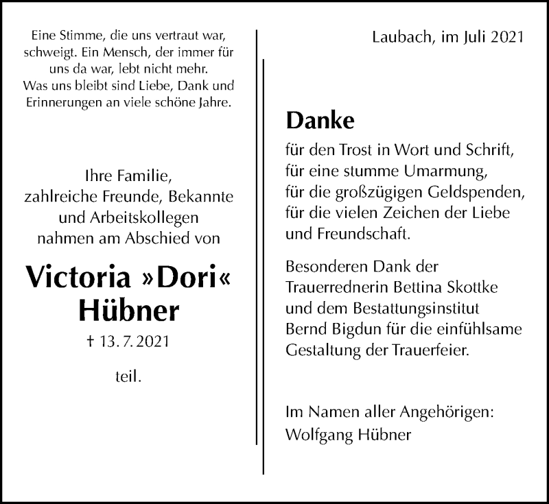  Traueranzeige für Victoria Hübner vom 04.08.2021 aus Laubacher Anzeiger