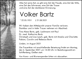 Traueranzeige von Volker Bartz von Giessener Allgemeine, Alsfelder Allgemeine