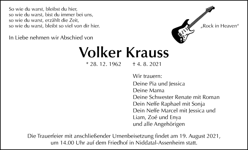  Traueranzeige für Volker Krauss vom 14.08.2021 aus Wetterauer Zeitung