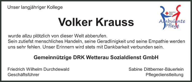  Traueranzeige für Volker Krauss vom 14.08.2021 aus Wetterauer Zeitung