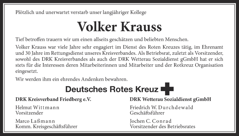  Traueranzeige für Volker Krauss vom 17.08.2021 aus Wetterauer Zeitung