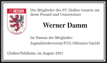 Traueranzeige von Werner Damm von Giessener Allgemeine, Alsfelder Allgemeine
