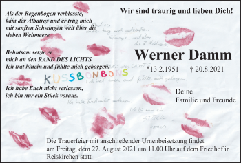 Traueranzeige von Werner Damm von Giessener Allgemeine, Alsfelder Allgemeine